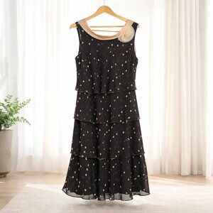 Jacques Vert Tiered Chiffon Polka Dot Midi Dress w/ Floral Corsage Size 14 NWOT